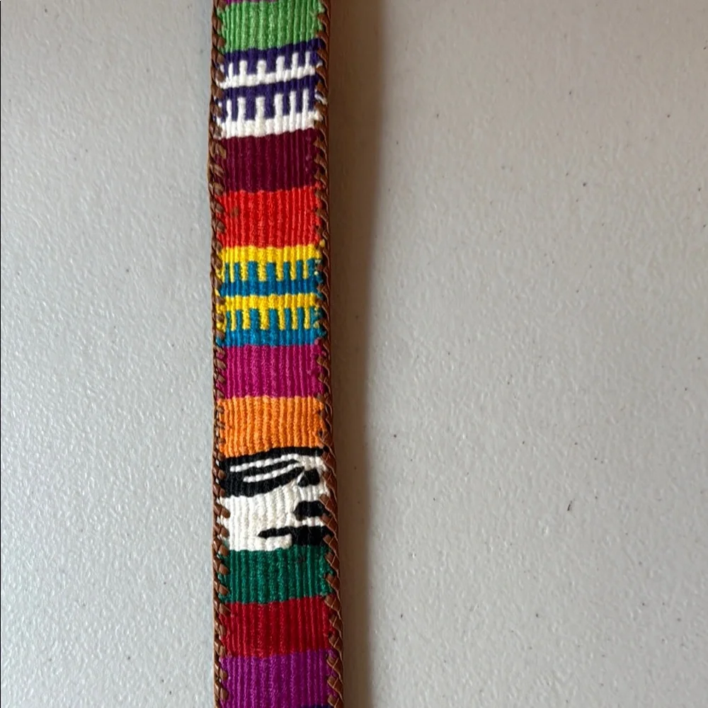 Colorful Woven Strap Belt with Brown Leather Trim handmade Guatemala 37 inches